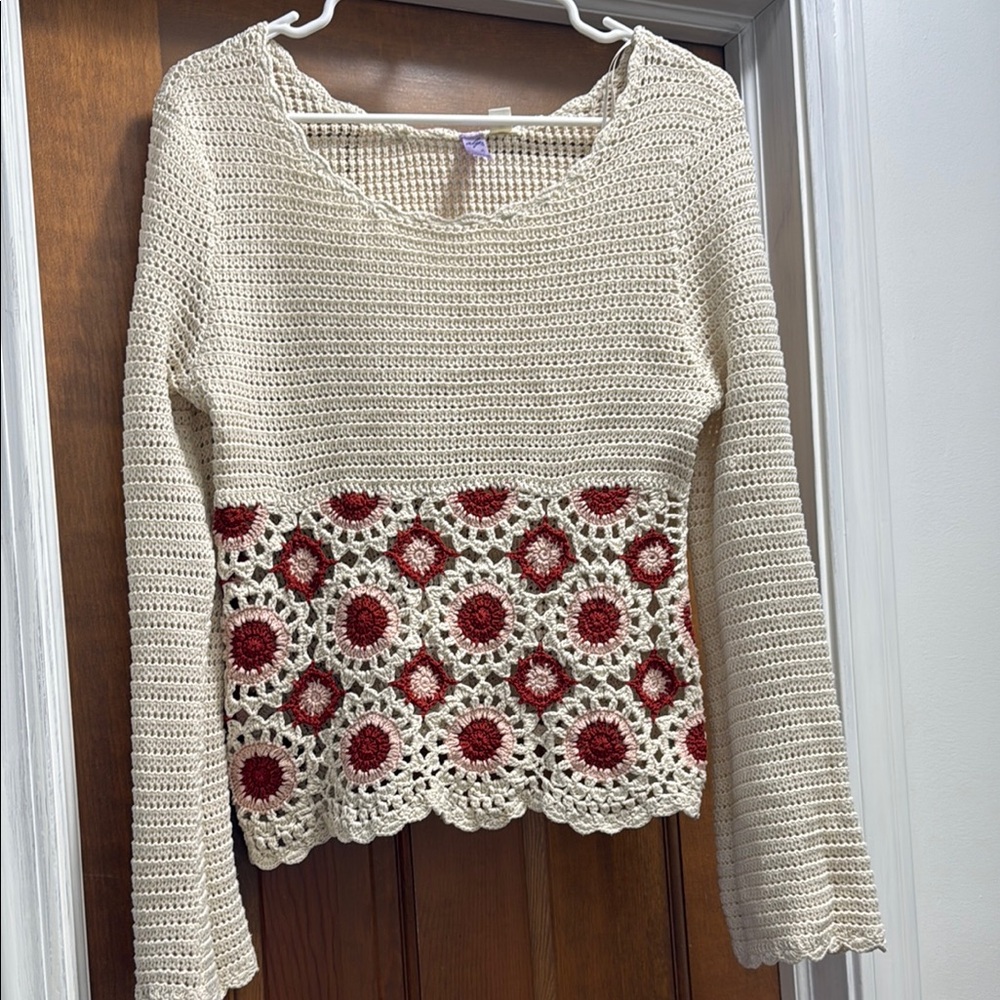 Crochet Sweater with Red Floral Accents